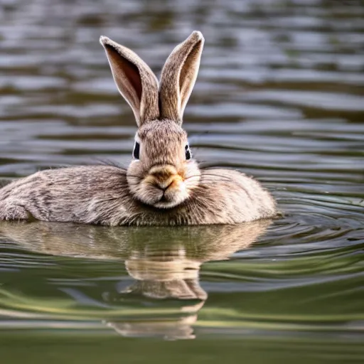 Prompt: high detailed photo of a rabbit relaxing at a nearby lake with a duck floating by.