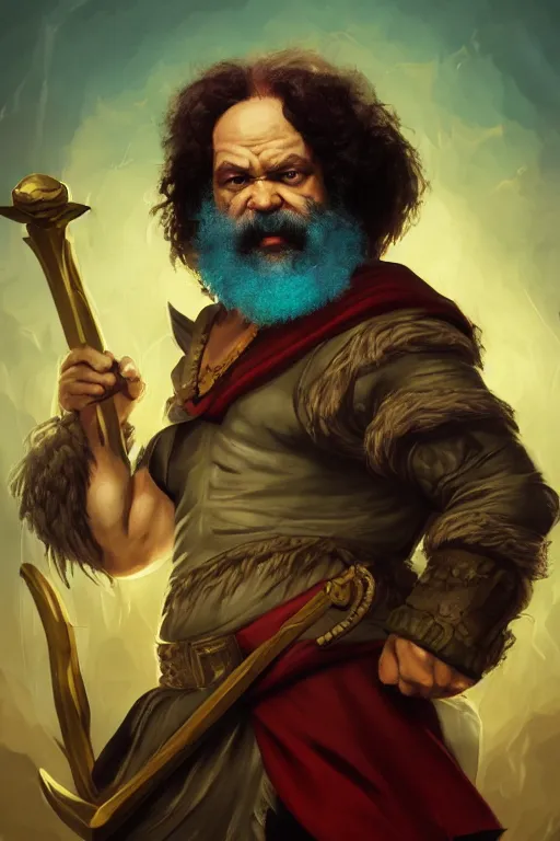 Prompt: character portrait karl marx as a buff wild magic barbarian with a third eye on the forehead and body warpaint, dungeons and dragons cover artwork, dynamic composition, dramatic lighting, trending on artstation, award winning art, stylized painting by sophie anderson, leonardo da vinci and raphael, concept art, 4 k, 8 k, gold and teal color scheme