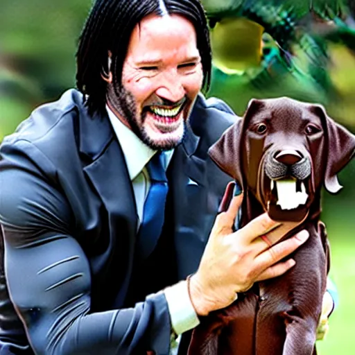 Image similar to John Wick Smiling and Playing with His Dog