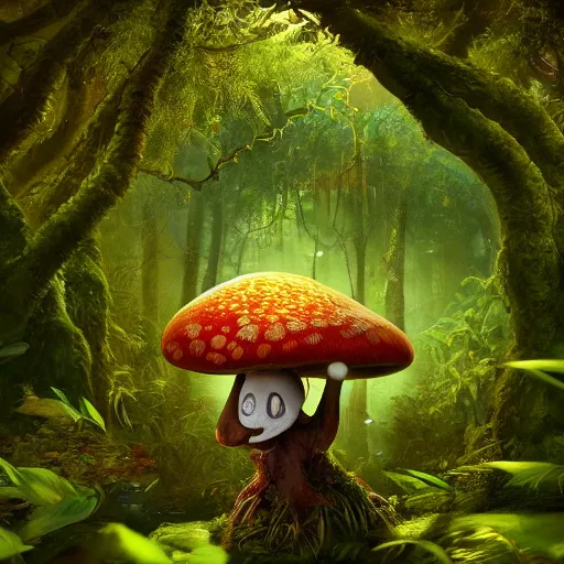 Image similar to Intricate detailed illustration, A happy humanoid mushroom frolicking in a lush rainforest, 🍄 , cinematic lighting, by Philip Hood, wide angle, volumetric light scattering, 8k, artstation, concept art,