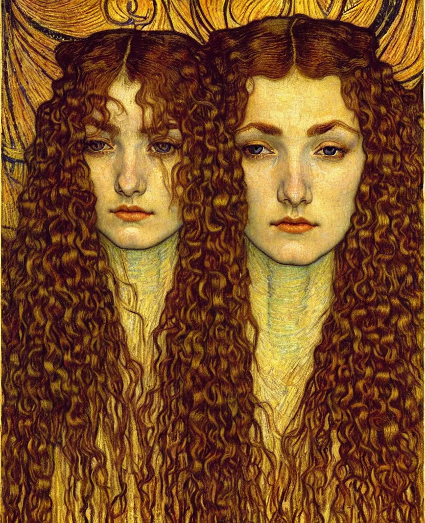 Image similar to detailed realistic beautiful young medieval queen face portrait by jean delville, gustav klimt and vincent van gogh, art nouveau, symbolist, visionary, gothic, pre - raphaelite, muted earthy colors, desaturated