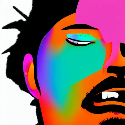 Image similar to the weeknd by studio ghibli, digital art, sharp focus, 4 k, ambient lighting, foggy, neon