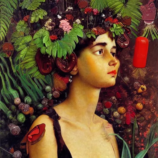 Prompt: a sculpture portrait made of candys and lollipops and chocolate and plants, painting part by wojciech siudmak, part by ilya repin, part by max ernst, part by norman rockwell, artstation