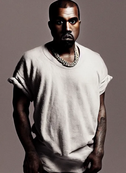 Prompt: kanye west styled by nick knight posing, full body shot, set pieces, intricate set, vogue magazine, canon, highly realistic. high resolution. highly detailed. dramatic. 8 k. 4 k.