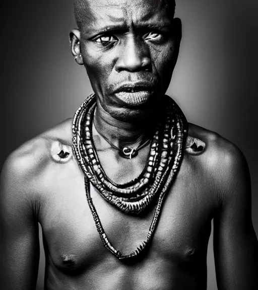 Prompt: portrait of an african head hunter, 4 0 yo with a necklace of skulls, angry look, small tattoos, dark background, studio light, hdr, nikon 3 5 mm f / 1. 8 g, by sebastiao salgado