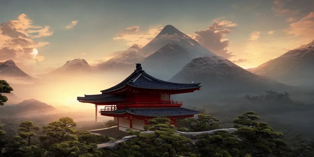 Prompt: a ancestral japanese temple on the top of a mountain at sunset, hyperrealistic, concept art, octane render, unreal engine 5, synthwave, high quality, highly detailed, 8 k, digital art, concept art, breathtaking landscape, cinematic lighting, path traced, over the clouds, godrays, complementary colors, natural lighting, masterpiece, mythical