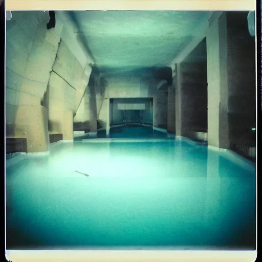 Prompt: underground hotel pool, surreal, polaroid, limimal,