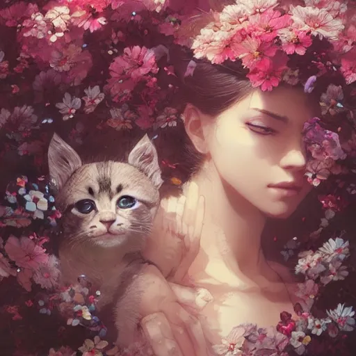 Image similar to kittens in flowers, intricate complexity, by greg rutkowski, artgerm, ross tran, conrad roset, takato yomamoto, ilya kuvshinov. 4 k, beautiful, cinematic dramatic atmosphere