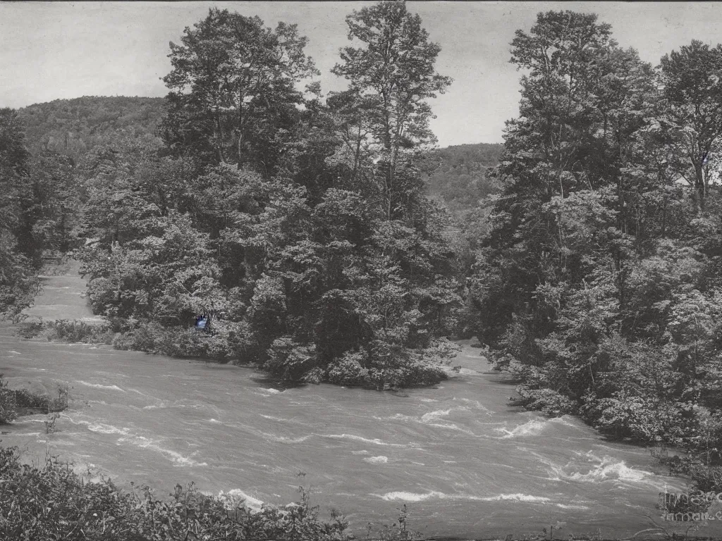 Prompt: photograph of a field by a dam and a river, new england