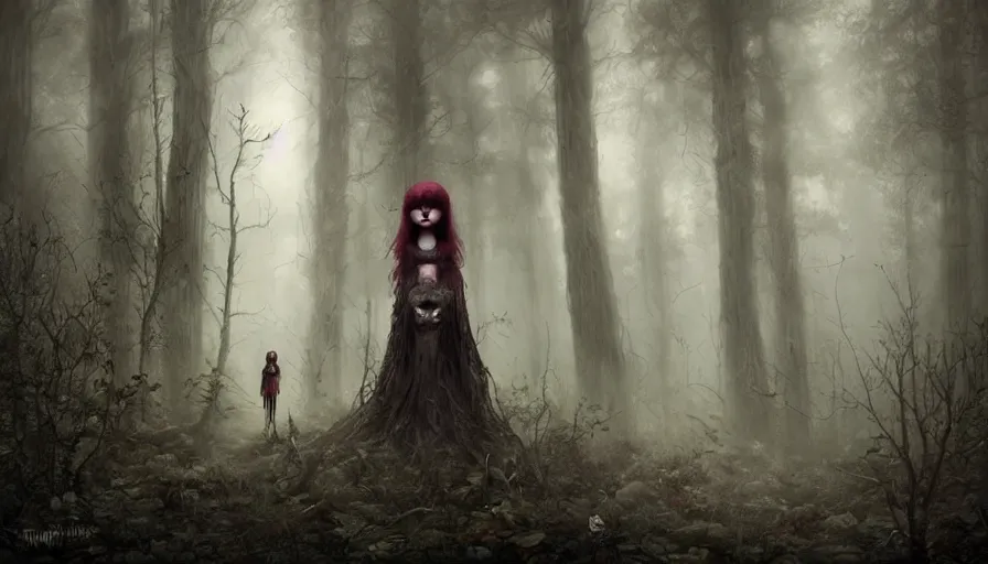 Image similar to a single lonely scared dollpunk female hiding in a eerie foggy forest, detailed, omnious atmosphere, symmetry body features, award winning, by Tom Bagshaw