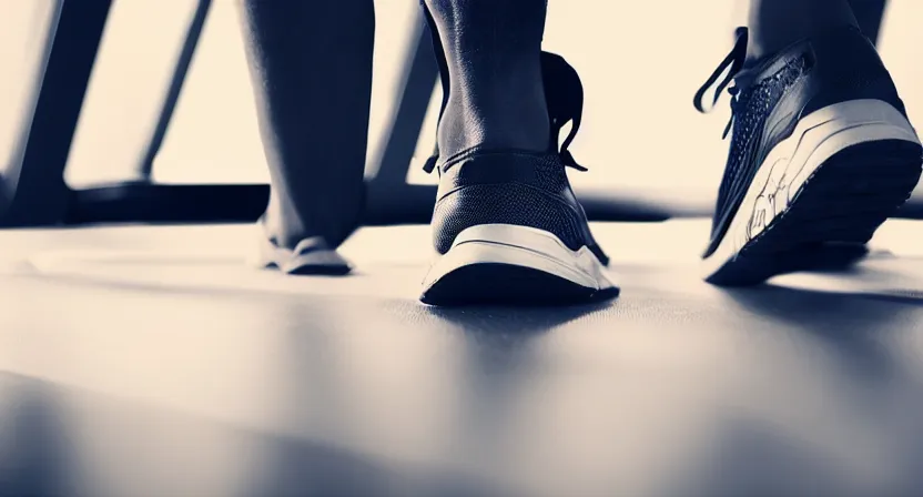 Prompt: close up on old running shoes running on a treadmill. cinematic lighting. moody. sci fi. realistic concept art painting. subdued tones.