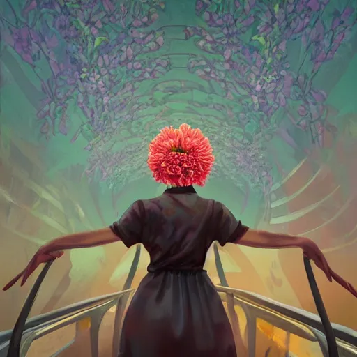 Image similar to giant carnation flower head, woman in metro station, surreal photography, dramatic light, impressionist painting, digital painting, artstation, simon stalenhag