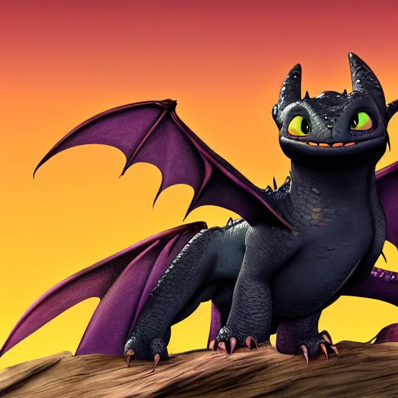 Image similar to High definition quality picture of toothless the dragon from How to Train a Dragon with a pink and purple Sunset Viking art style