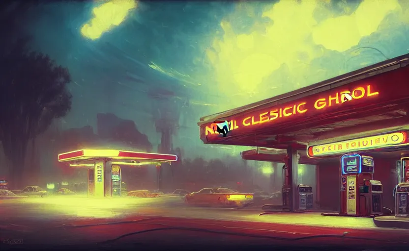 Prompt: Neoclassical Gas station, illustrated by Greg Rutkowski and Gaston Bussiere, 35mm lens, beautiful macro close-up imagery, vibrantly lush neon lighting, beautiful volumetric-lighting-style atmosphere, a futuristic atmosphere, intricate, detailed, photorealistic imagery, trending on artstation, 4k, 8k