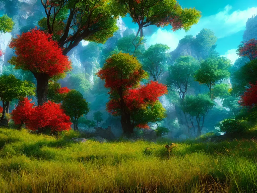 Prompt: beautiful colorful fantasy landscape, rtx, unreal engine 5, cryengine, render