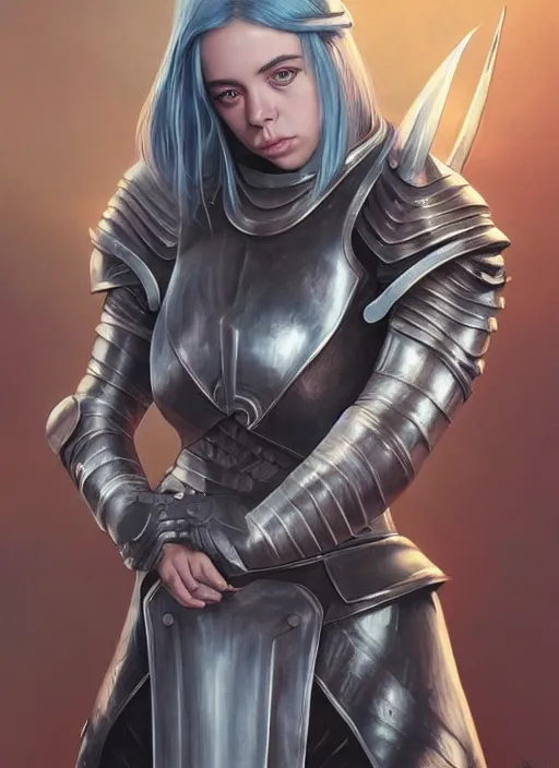 Image similar to Billie Eilish in medieval armor, artwork by artgerm