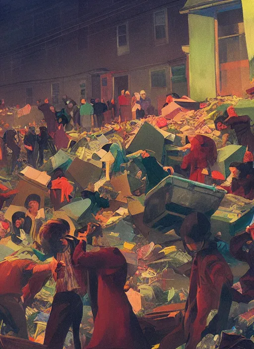 Prompt: crowd dancing in a pile of garbage, snowing night by Edward Hopper and James Gilleard, Zdzislaw Beksinski, Katsuhuro Otomo highly detailed