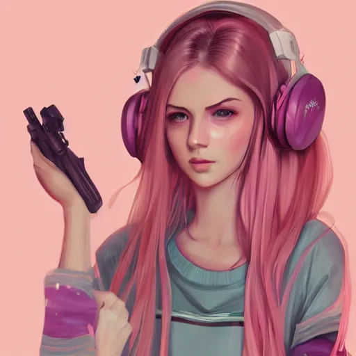 Image similar to very very very beautiful pink gamer girl wearing headphones standing in a pink girls room, full body portrait, eye contact, smiling, perfect face, perfect body, extreme long shot, drawn by charlie bowater