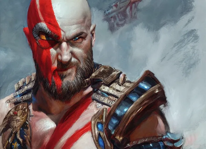 Image similar to a highly detailed beautiful portrait of trump as kratos, by gregory manchess, james gurney, james jean