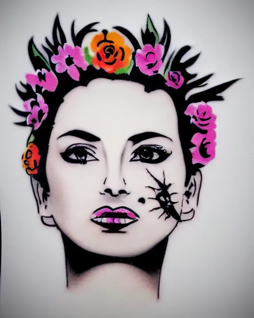 Image similar to mafia princess portriat, flower face tattoos, banksy, graffiti art