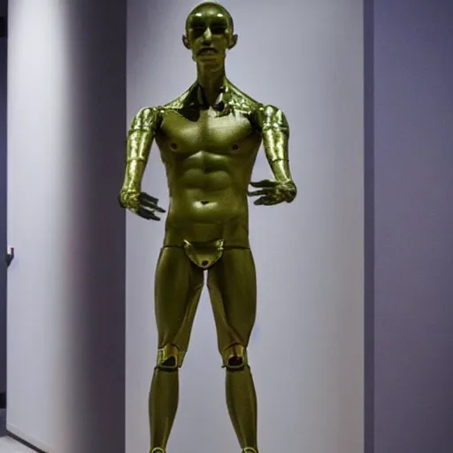 Image similar to a realistic detailed photo of a guy who is an attractive humanoid who is half robot and half humanoid, who is a male android, twitch streamer ninja tyler blevin, shiny skin, posing like a statue, blank stare, at the museum, on display