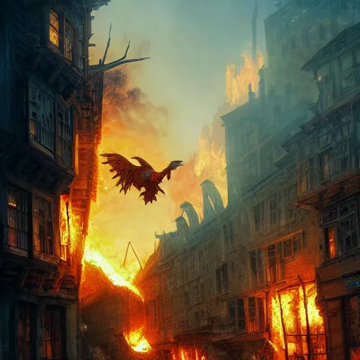 Prompt: Phoenix in fire flying through a medieval town by night, buildings in fire, dark, destruction, post-apocalyptic, DnD character, unreal engine, octane render, dramatic lighting, pond, digital art, by Stanley Artgerm Lau, greg rutkowski, thomas kindkade, alphonse mucha, loish, norman Rockwell