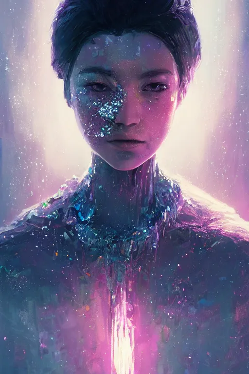 Image similar to A fancy portrait of a crystalized human by Greg Rutkowski, beeple, Sung Choi, Mitchell Mohrhauser, Maciej Kuciara, Johnson Ting, Maxim Verehin, Peter Konig, final fantasy, macro lens, 35mm, 8k photorealistic, cinematic lighting, HD, high details, dramatic, dark atmosphere, trending on artstation