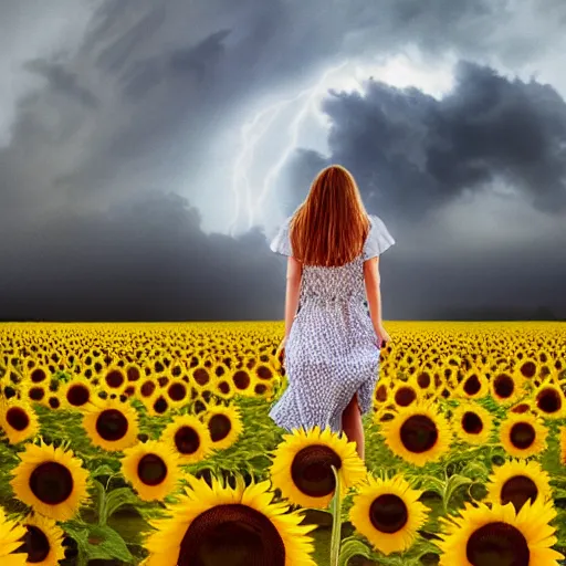 Image similar to a girl slowly walking through amazing tall sunflower field, hair flowing, early morning lightning, bad weather approaching, a storybook illustration by louise abbema, cgsociety, magical realism, reimagined by industrial light and magic, volumetric lighting, cinematic lighting