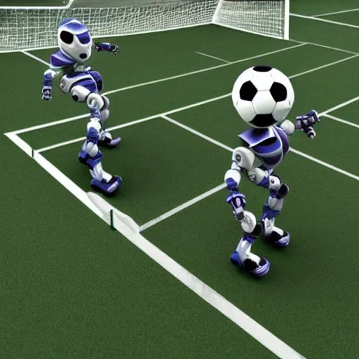 Image similar to photorealistic robots playing soccer