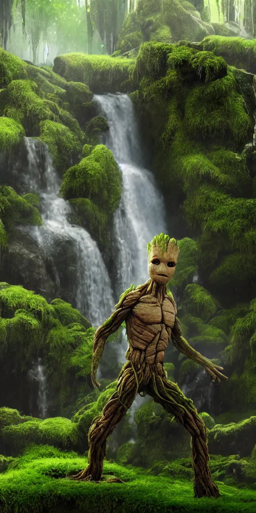 Image similar to photorealistic wide shot focus portrait of Groot posing, under waterfall, jungle, green moss, bokeh, octane render, unreal engine 4k, volumetric lighting, mist, detailed