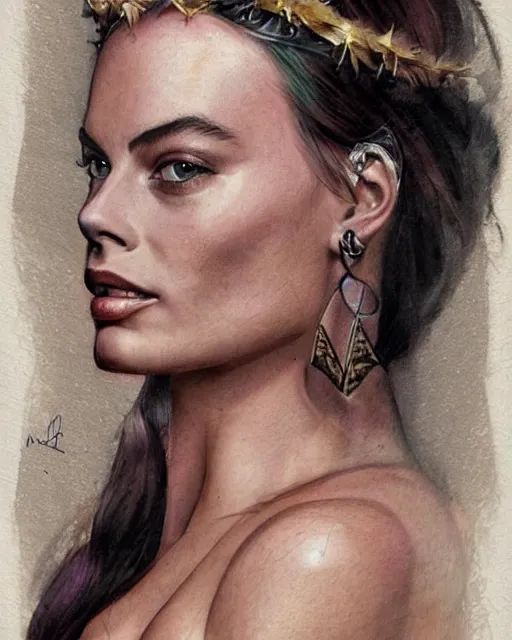 Prompt: realism tattoo sketch of margot robbie as a beautiful greek goddess aphrodite with piercing eyes wearing a laurel wreath and triangle earrings, in the style of greg rutkowski, amazing detail, confident