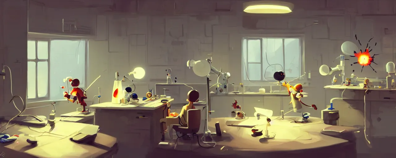 Image similar to goro fujita ilustration a science laboratory in a game dev studio office, explosion in the laboratory, small sparkles from computers, painting by goro fujita, sharp focus, highly detailed, artstation