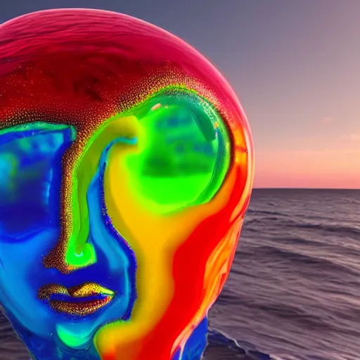 Image similar to a giant human head sculpture in the sea made out of juicy and transparent colorful jelly, long shot, hyper detailed, hyper realistic, ray tracing, 8 k resolution, sharp focus, realistic water, award winning