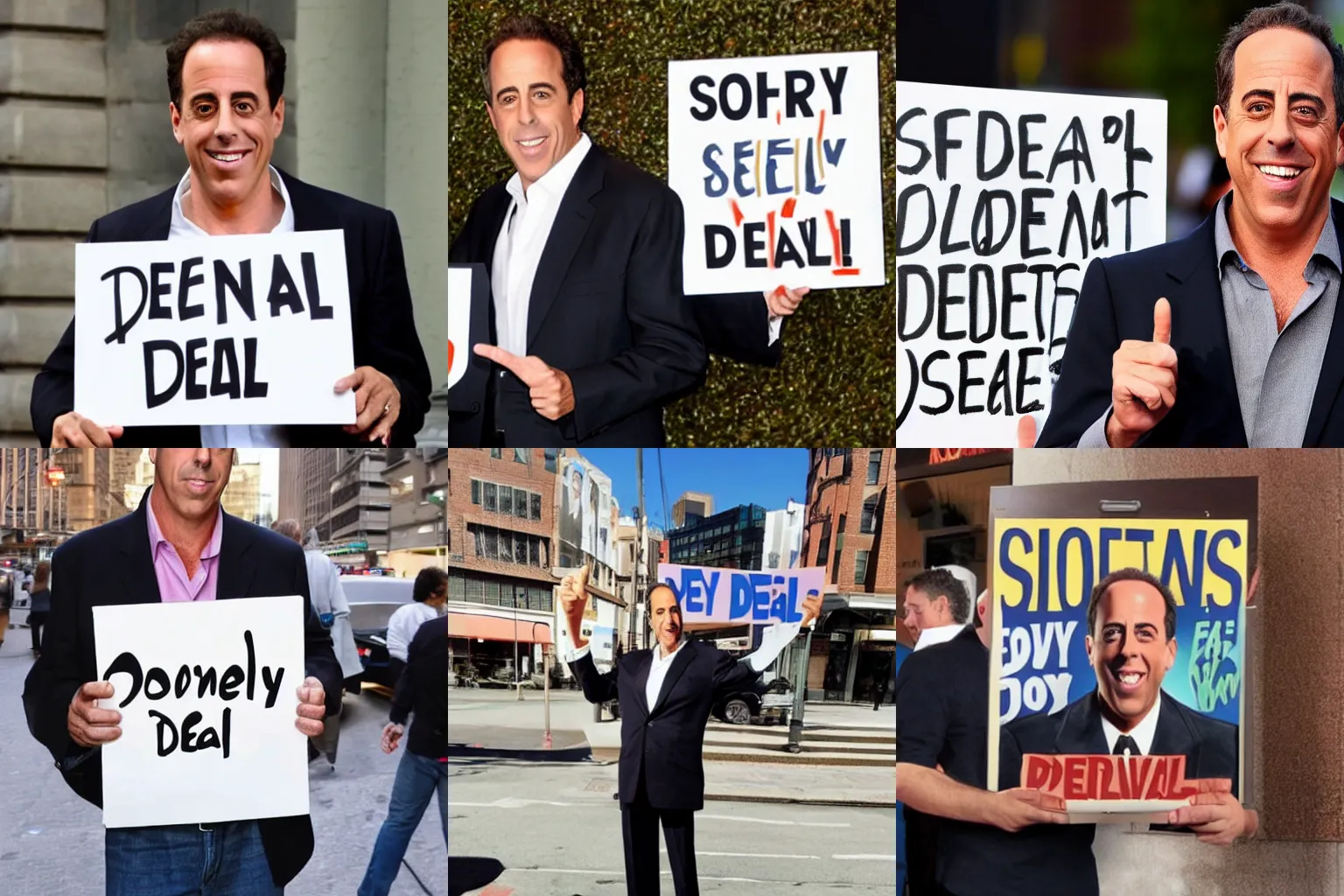 Prompt: jerry seinfeld holding a sign that says what's the deal with jerry seinfeld realistic, highly detailed, photorealism