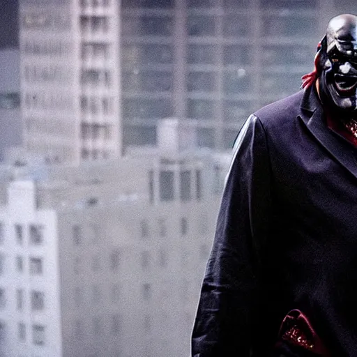 Image similar to cinematic close - up film still of shaquille o ’ neal as the joker in gotham city