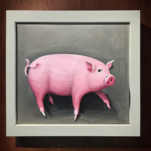 Image similar to “pig paintings and pig sculptures in a pig art gallery, pork, ikebana white flowers, white wax, squashed berries, acrylic and spray paint and oilstick on canvas, by munch and Dali”