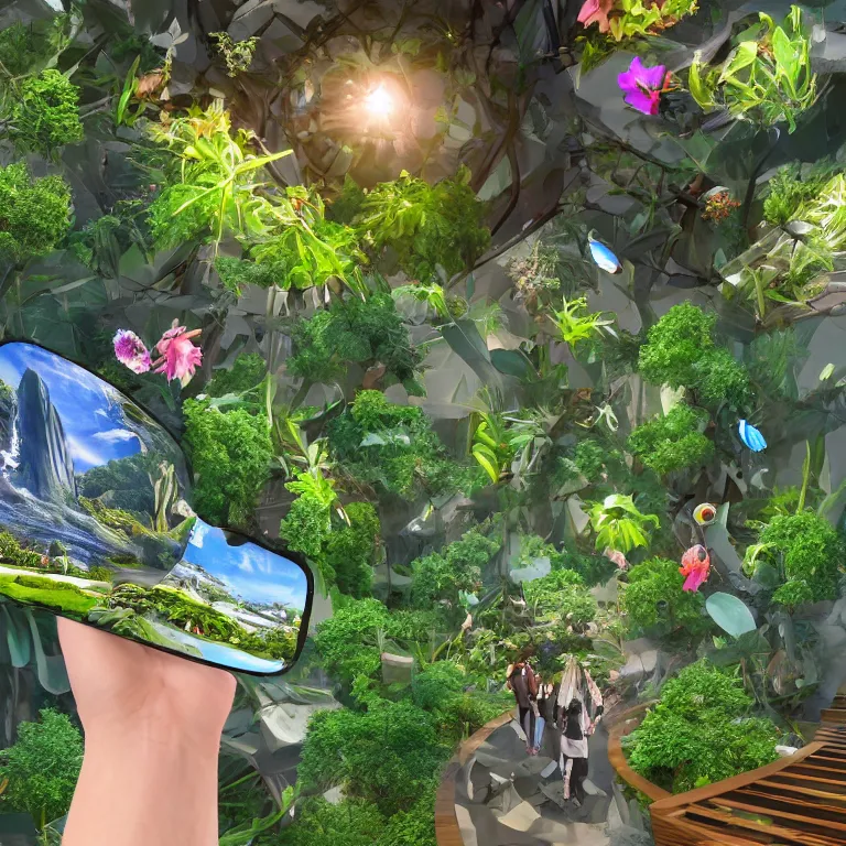 Prompt: metaverse of the future with nature and plants, everyday life in the metaverse, augmented reality, fantastic reality, fantastic art