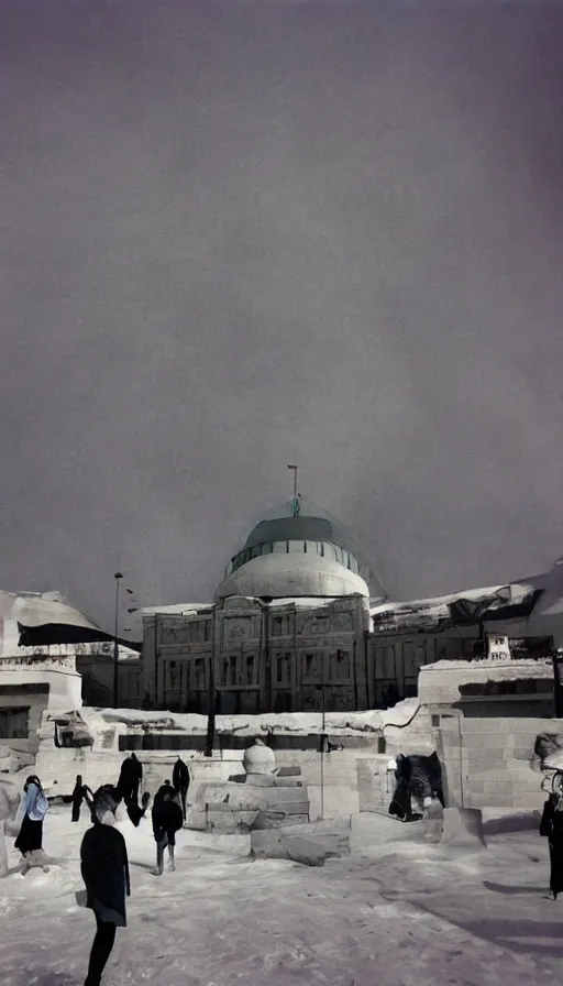 Image similar to 60s movie still of a Marblesovietic museum stalinist style, cinestill 800t 10mm eastmancolor, liminal Space, heavy grain high quality, high details, panoramic