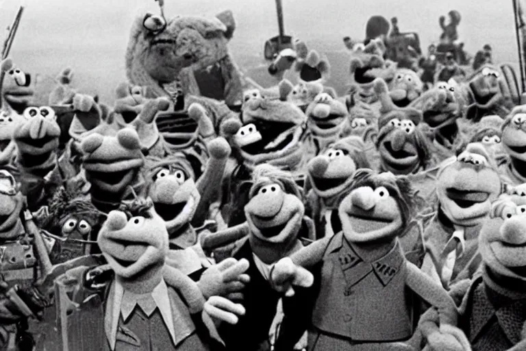 Prompt: a vintage photo of the Muppets storming Normandy