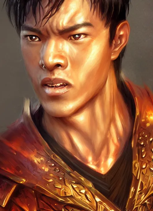 Image similar to muscly asian man with medium black parted hair, dndbeyond, bright, colourful, realistic, dnd character portrait, full body, pathfinder, pinterest, art by ralph horsley, dnd, rpg, lotr game design fanart by concept art, behance hd, artstation, deviantart, hdr render in unreal engine 5