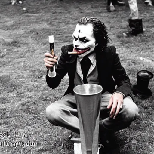 Prompt: photograph of the joker smoking a bong at woodstock, circa 1 9 6 9