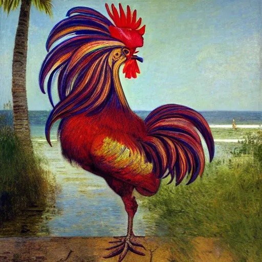 Image similar to a ultradetailed beautiful painting of a rooster in the amazonas palace balustrade designed by jules bastien - lepage, hans belmer, frank weston and gustave baumann, beach, trending on artstation, mediterranean, palm trees, refracted color sparkles, sharp focus, soft light, 8 k 4 k