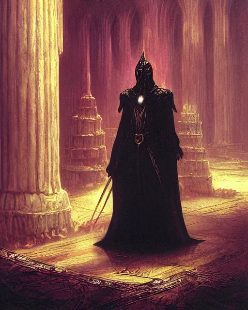 Image similar to a dark mage. he is wearing mage armor and a crown. he is frowning seriously. he is preparing to cast a dark spell. he is standing in a wizards room. award winning realistic oil painting by thomas cole and wayne barlowe