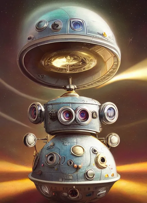 Image similar to highly detailed closeup portrait of a cute tin toy retro saucer spaceship, nicoletta ceccoli, mark ryden, lostfish, earl nore, hyung tae, frank frazetta, global illumination, god rays, detailed and intricate environment