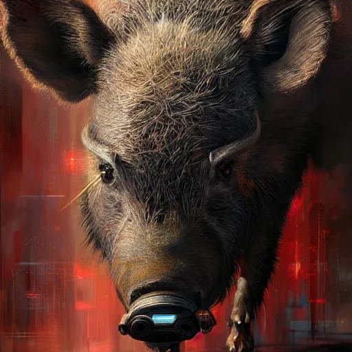 Image similar to stunning portrait of a wild boar, painting by Raymond Swanland, cyberpunk, sci-fi cybernetic implants hq