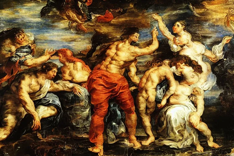 Prompt: Prometeus gifting art to humankind by Rubens and Delacroix, oil painting, glitch art