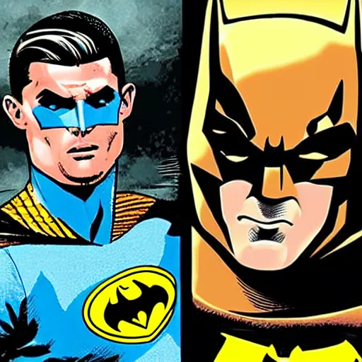 Prompt: comic book artwork of Cristiano Ronaldo as batman and Messi as Robin