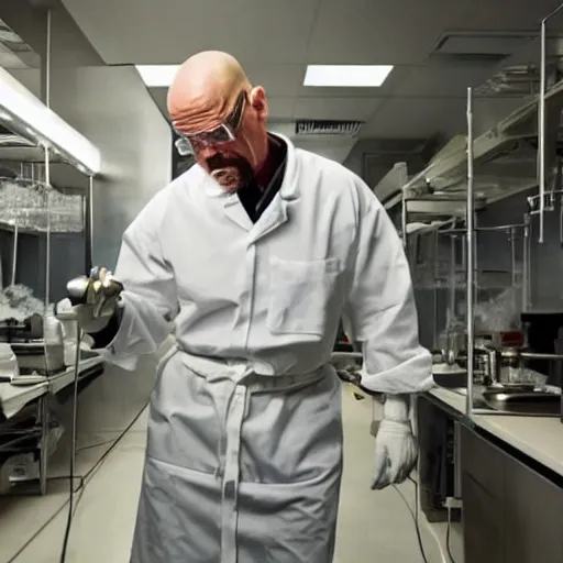 Prompt: Walter White cooking meth in a lab