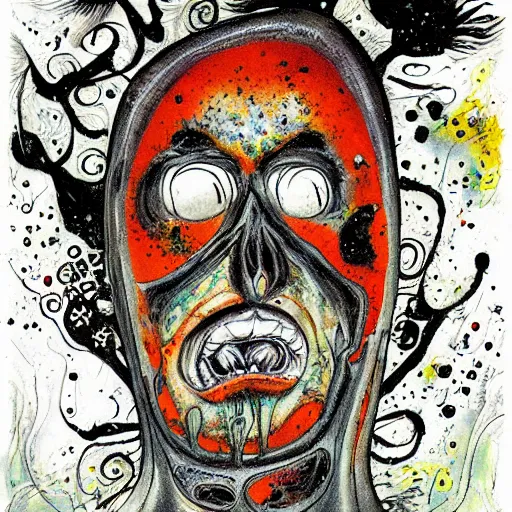 Image similar to dark extraterrestrial shore steak papaya, by jackson pollock and esao andrews, tiki, an ink drawing