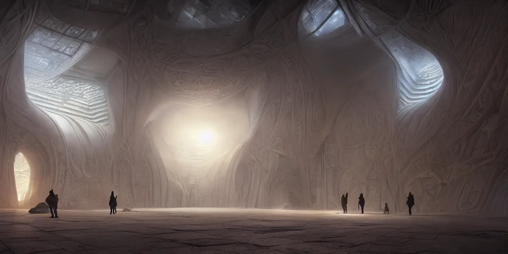 Image similar to the inside of a monument with norse motifs, by tim blandin and arthur haas and bruce pennington and john schoenherr, big windows architecture by zaha hadid, octane render, warm colour scheme, white, cinematic, scenery, cgsociety, modernism, futuristic, trending on artstation, sci - fi, high detail, high quality, close up angle, people walking